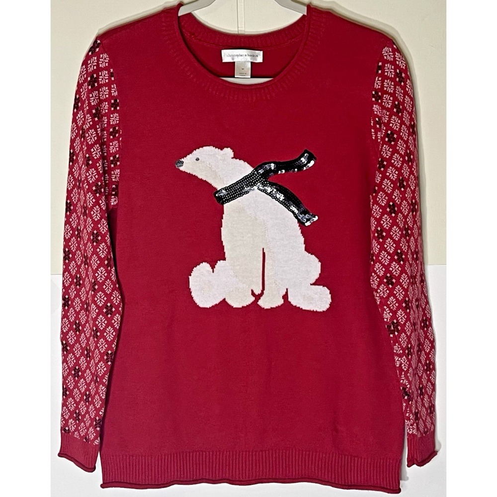 Christopher & Banks‎ Women's Red Sweater Medium Polar Bear Festive Winter